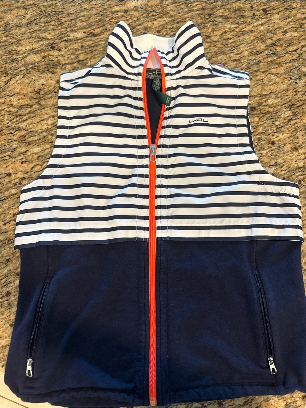 Ralph Lauren Navy & White Striped Vest with Orange Zip